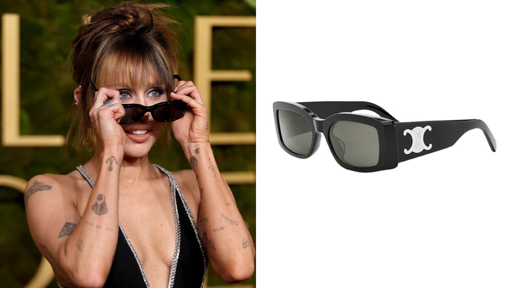 picture of miley cyrus posing for paparazzi in sunglasses, next to a still image of said sunglasses in a black shade