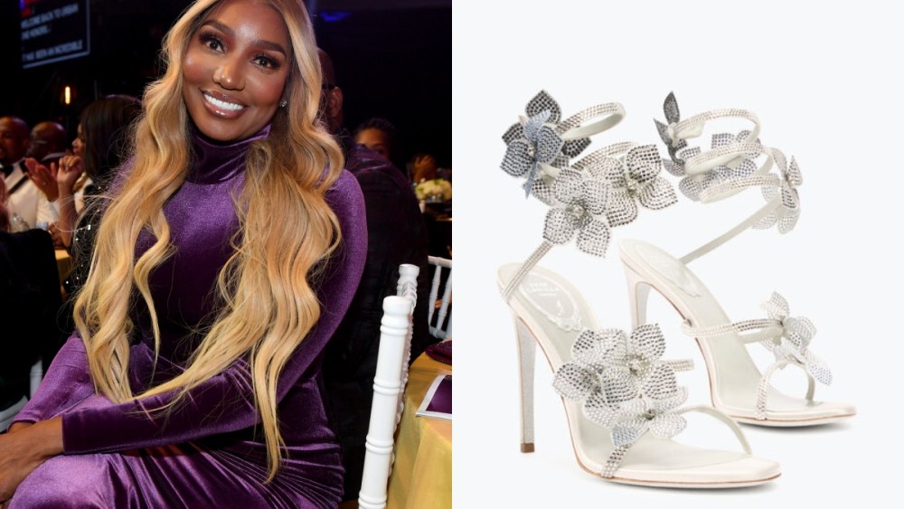 Nene Leakes wears jeweled strappy sandals from Rene Caovilla.