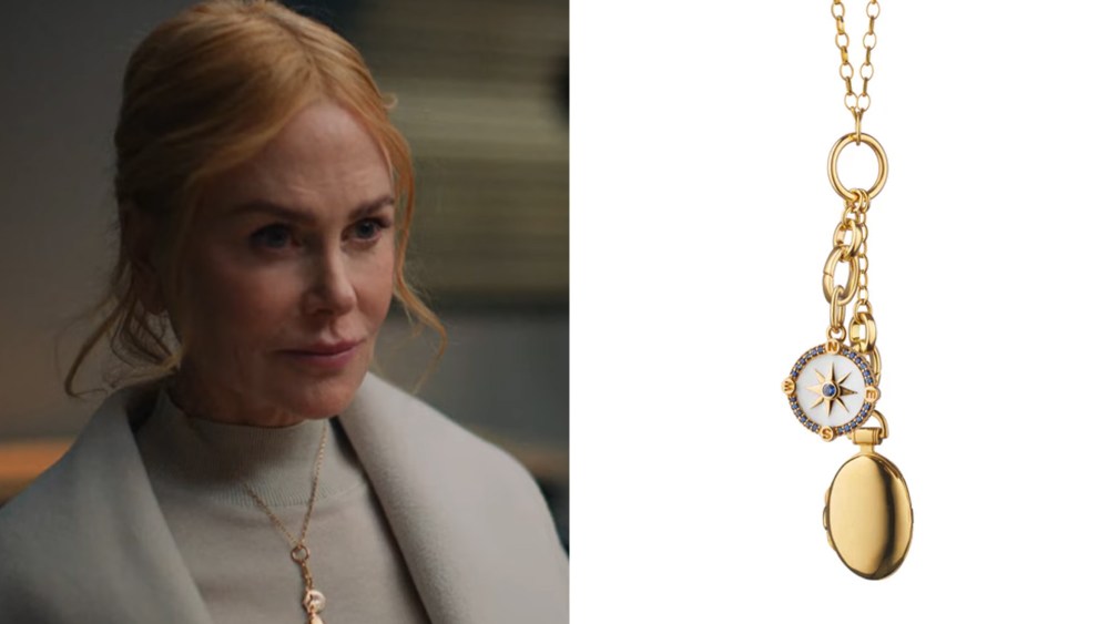 nicole kidman in movie "babygirl," wearing a gold pendant and compass charm necklace, next to a still photo of said necklace