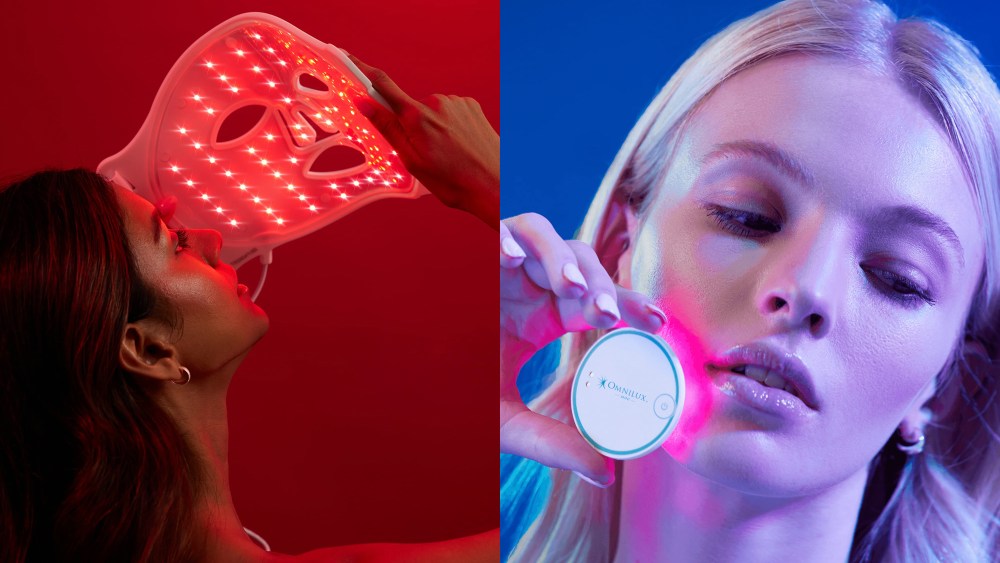 Two women shown side by side, with one holding up an LED face mask in a red-tinged room and the other holding up a blemish eraser LED device over a blue background