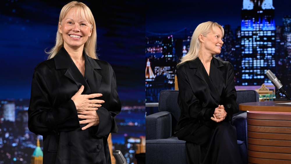 Pamela Anderson, Toteme, dress, the tonight show starring jimmy fallon