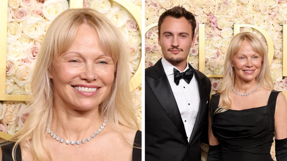 (L-R) Brandon Thomas Lee and Pamela Anderson attend the 82nd Annual Golden Globe Awards at The Beverly Hilton on January 05, 2025 in Beverly Hills, California.