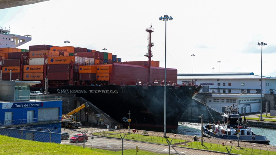 Ships pass by the Panama Canal in Panama City, Panama on Jan. 20, 2025.