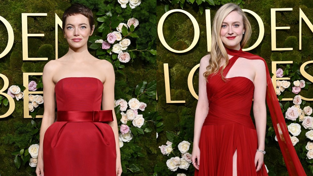 Emma Stone, Louis Vuitton, Dakota Fanning, Atelier Versace, 2025 Golden Globes, red carpet