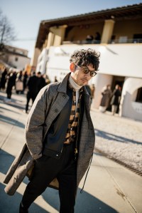 Street style at Pitti Uomo 107 in Florence, Italy, 2025.