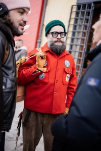 Street style at Pitti Uomo 107 in Florence, Italy, 2025.