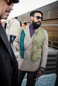 Street style at Pitti Uomo 107 in Florence, Italy, 2025.