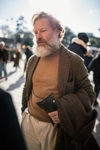 Street style at Pitti Uomo 107 in Florence, Italy, 2025.