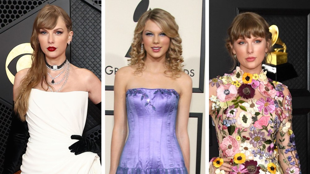 Taylor Swift dresses at the Grammy Awards in 2024, 2008 and 2021.