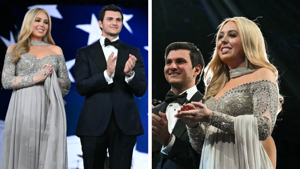 Tiffany Trump wears grey embellished zahiar murad dress (L) and her husband Michael Boulos listen during the Liberty inaugural ball at the Walter E. Washington Convention Center in Washington, DC, on January 20, 2025.