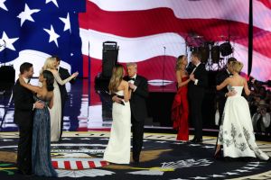 WASHINGTON, DC - JANUARY 20: (L to R) Vice President JD Vance, Usha Vance, Tiffany Trump, Michael Boulos, Melania Trump, President Donald Trump, Lara Trump, Eric Trump, Ivanka Trump and Jared Kushner dance at the Liberty Ball on January 20, 2025 in Washington, DC.  President Trump attends some of the inaugural balls after taking the oath as the 47th president. (Photo by Joe Raedle/Getty Images)