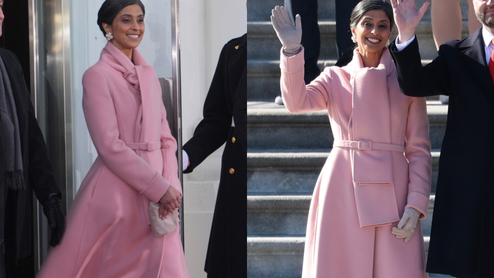 jd vance wife Usha Vance wears pink oscar de la renta coat dress outfit attends the 2025 Inauguration.