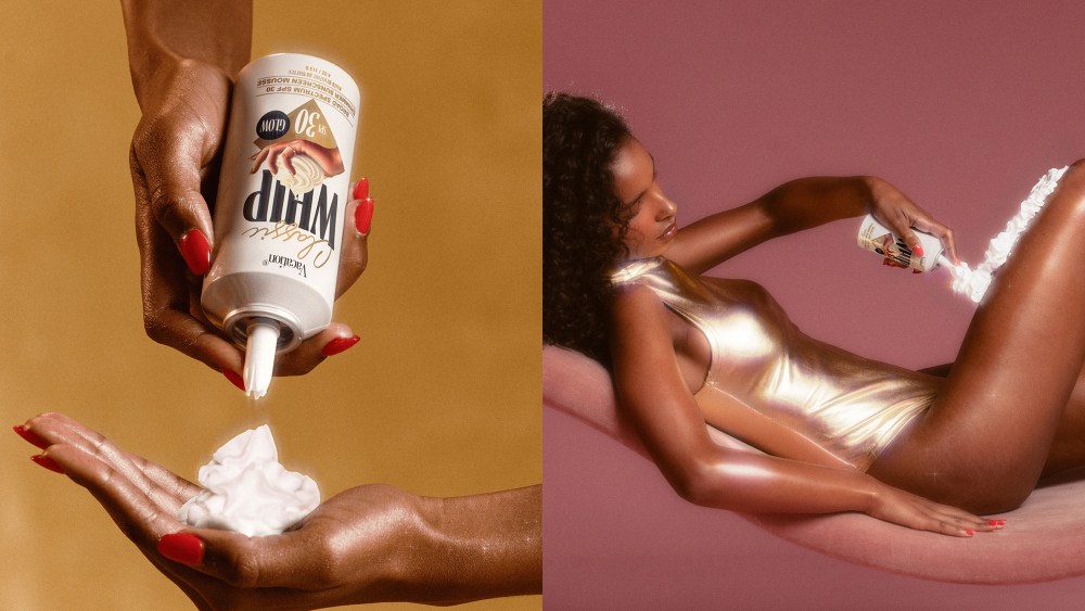 hands holding a bottle of whipped sunscreen while squirting it out; a woman reposing while squeezing whipped sunscreen on her leg