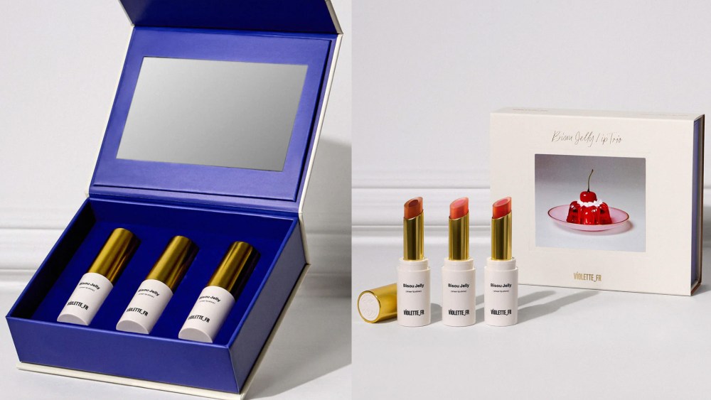 side by side images of three lip shines in a blue box with a mirror and standing next to a white box with a photo of a dessert on it