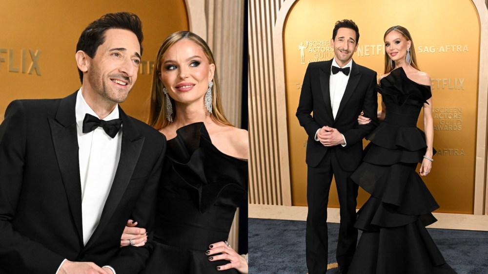Adrien Brody and girlfriend Georgina Chapman at the 31st Screen Actors Guild Awards held at Shrine Auditorium and Expo Hall on February 23, 2025 in Los Angeles, California.