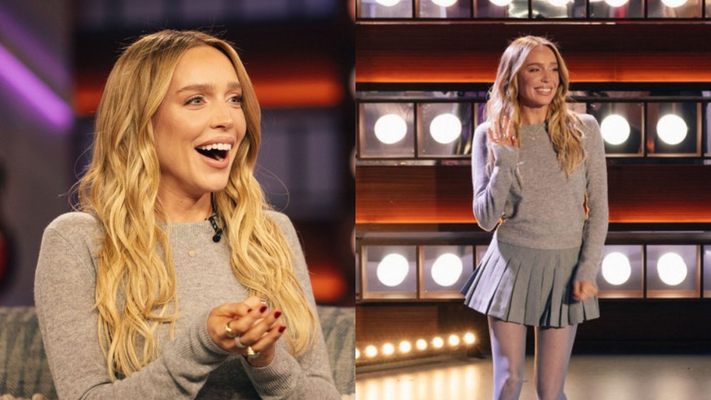 Alex Cooper on "The Kelly Clarkson Show" on Feb. 19, cashmere sweater, pleated miniskirt.
