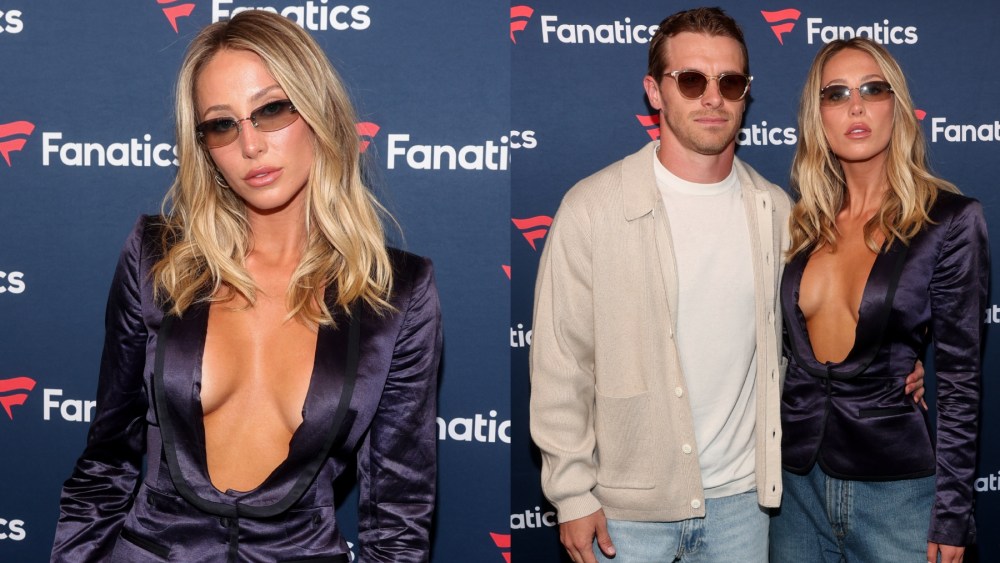 Alix Earle and Braxton Berrios at the Fanatics Super Bowl Party on Feb. 8 in New Orleans, plunging blazer, jorts, red carpet