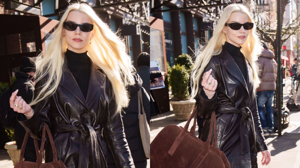 Anya Taylor-Joy in New York on Feb. 5, brown suede tote bag, street style, Dior, Tiffany & Co.