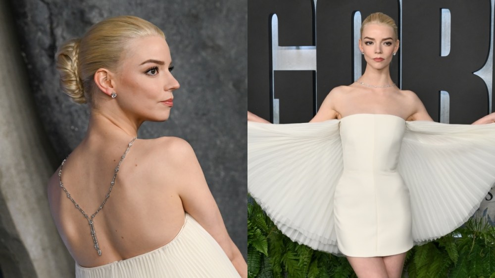 Anya Taylor-Joy at the Los Angeles premiere of "The Gorge" on Feb. 12 in Los Angeles, Dior, white minidress, cape, wings, Tiffany & Co., red carpet