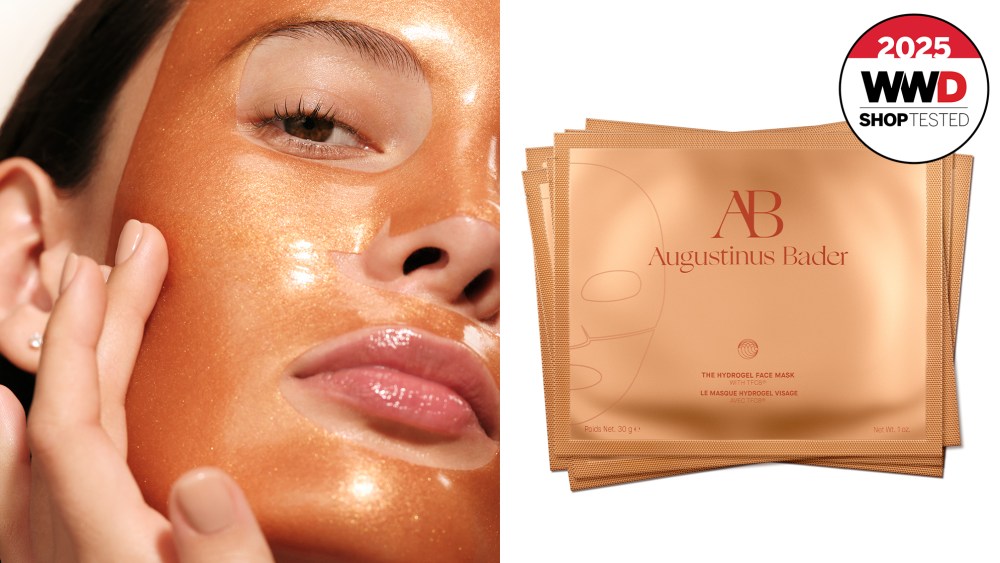 Woman wearing a gold face mask; gold packages of Augustinus Bader face masks that our editors tested