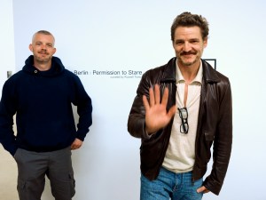 Curator Russel Tovey and Pedro Pascal pose for a picture inside the Mariposa Gallery along Western Ave in the Melrose Hill neighborhood in Los Angeles, California on February 18, 2025.