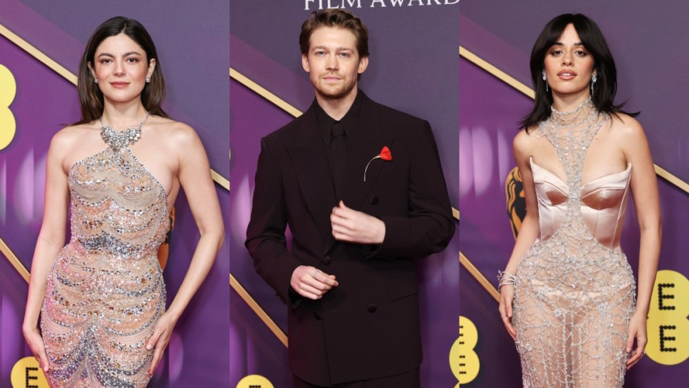 Monica Barbaro, Joe Alwyn and Camila Cabello attend the 2025 BAFTA Awards on Feb. 16 in London, red carpet, Saint Laurent, Sabina Bilenko, Tiffany & Co., Armani Privé