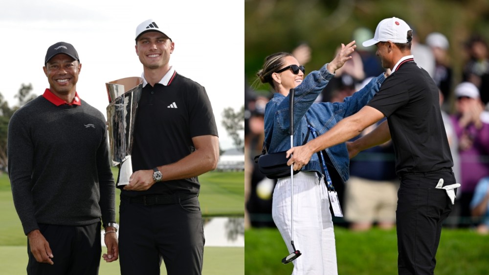 Tiger Woods, Ludvig Åberg and Olivia Peet pose for photos at The Genesis Invitational 2025 at Torrey Pines Golf Course on February 16, 2025 in La Jolla, California.