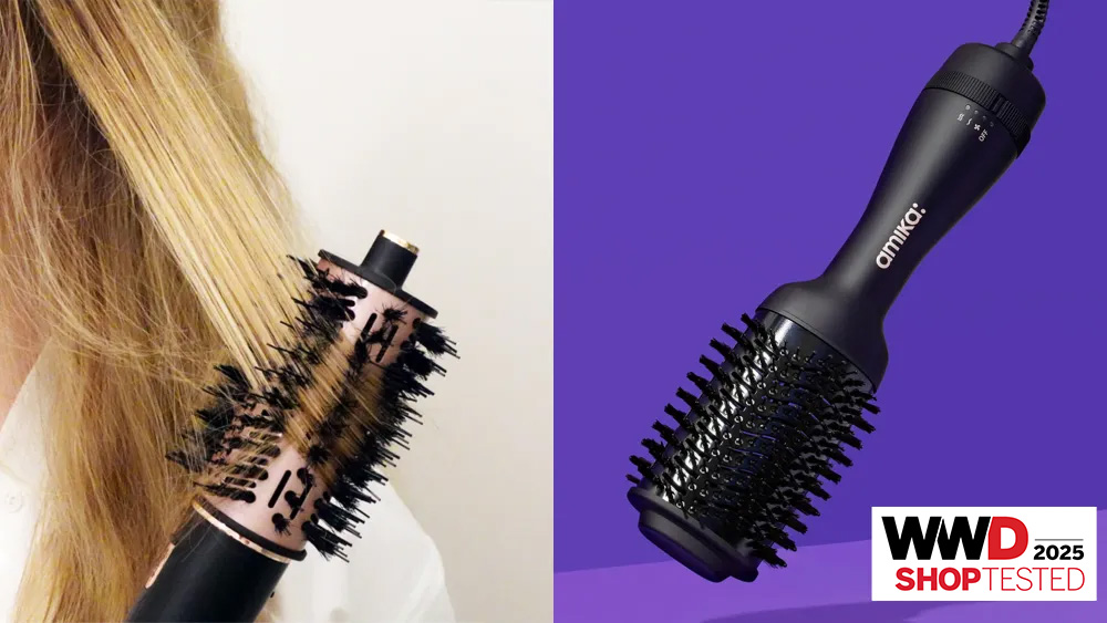 woman using one of the best hair dryer brushes, black hair dryer brush on a purple background