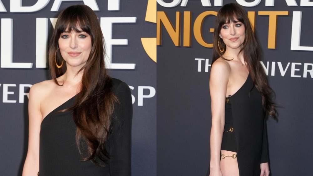 Dakota Johnson at "SNL 50: The Anniversary Special" on Feb. 16 in New York, red carpet, Gucci