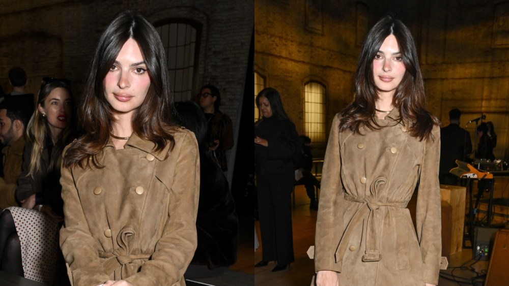 Emily Ratajkowski at the Coach fall 2025 fashion show on Feb. 10 in New York, brown suede trench coat, front row