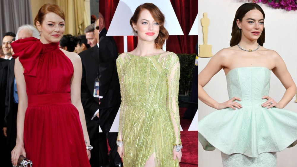 Emma Stone at the Oscars in 2012, 2015 and 2024, red carpet, awards, Elie Saab, Louis Vuitton, Giambattista Valli, Tiffany & Co.
