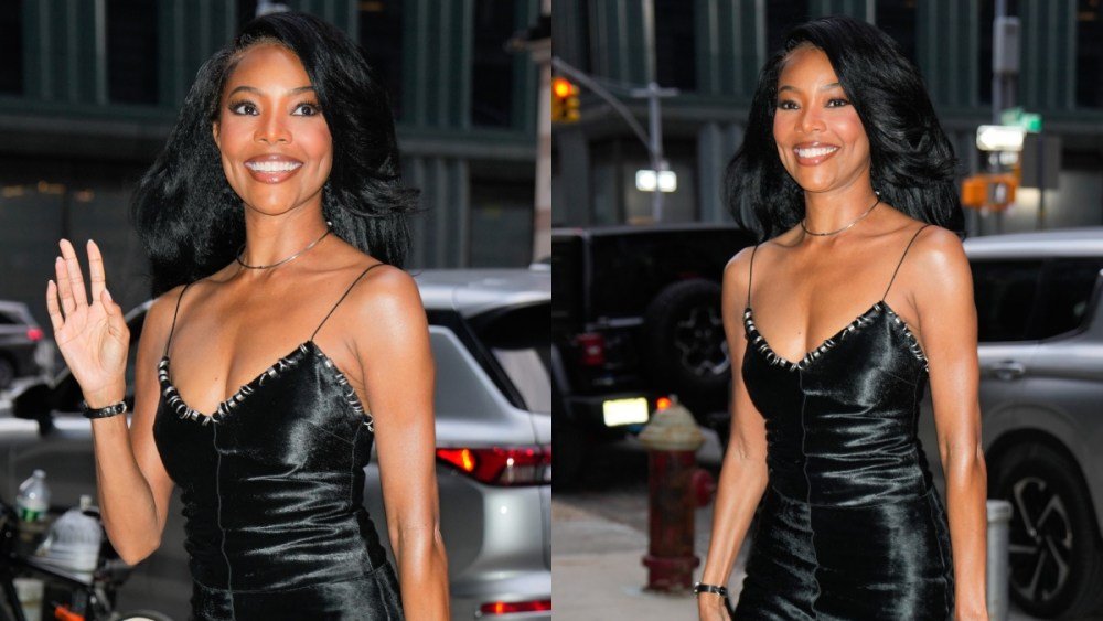 Gabrielle Union arrives to "Watch What Happens Live" on Feb. 25, animal hide dress, little black dress