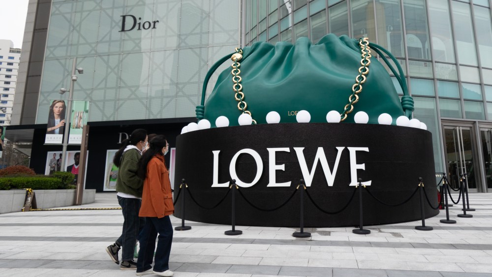 A giant Loewe green bag installation is seen in front of Plaza 66 on Nanjing West Road in Shanghai.