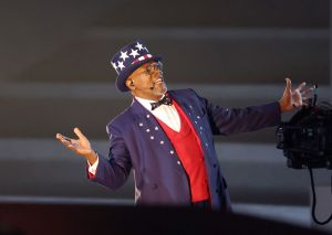 NEW ORLEANS, LOUISIANA - FEBRUARY 09: Samuel Jackson performs onstage during Apple Music Super Bowl LIX Halftime Show at Caesars Superdome on February 09, 2025 in New Orleans, Louisiana.  (Photo by Emilee Chinn/Getty Images)