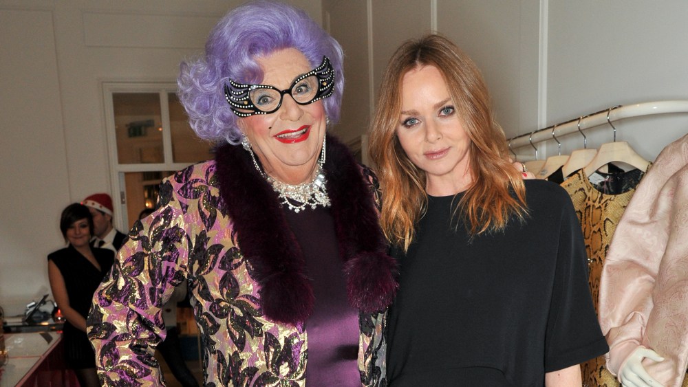 Dame Edna Everage and Stella McCartney at the designer's shop on Conduit Street in 2013.