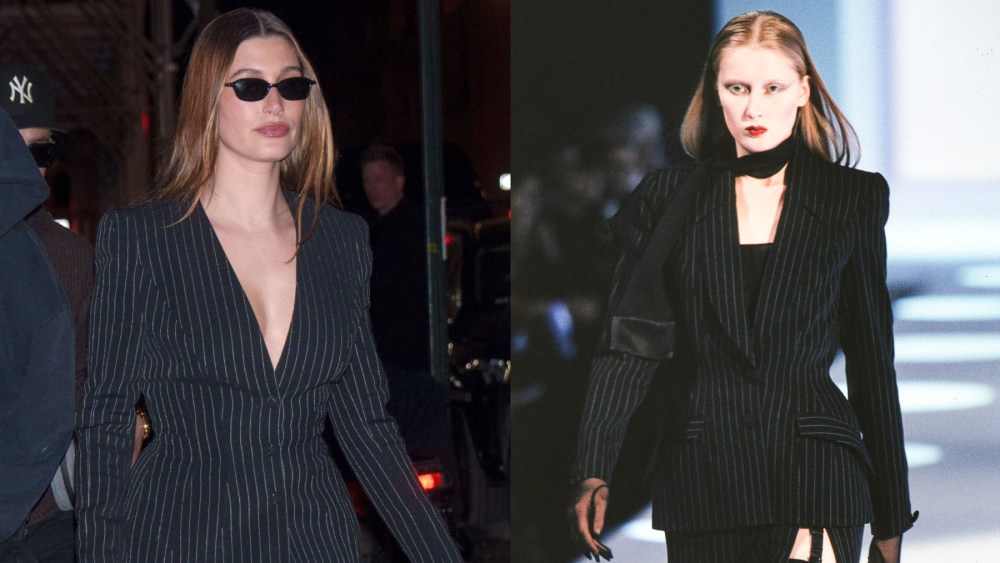 Hailey Bieber on Feb. 8 in New York, Thierry Mugler's fall 1998 fashion show, pinstripe skirt suit