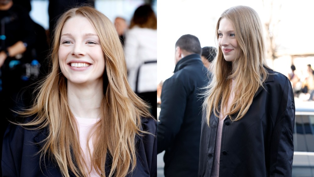 Hunter Schafer arrives at Prada's fall 2025 fashion show in Milan, pastels, front row