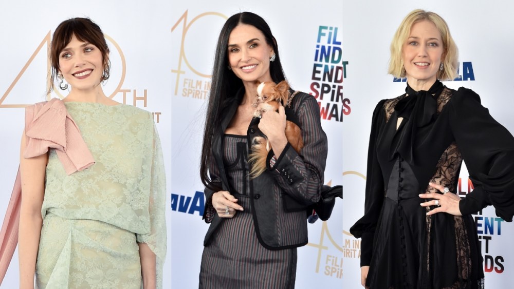 Elizabeth Olsen, Demi Moore and Carrie Coon at the 2025 Film Independent Spirit Awards on Feb. 22 in Santa Monica, Calif, Erdem, Thom Browne, red carpet, Tiffany & Co. sheer dresses