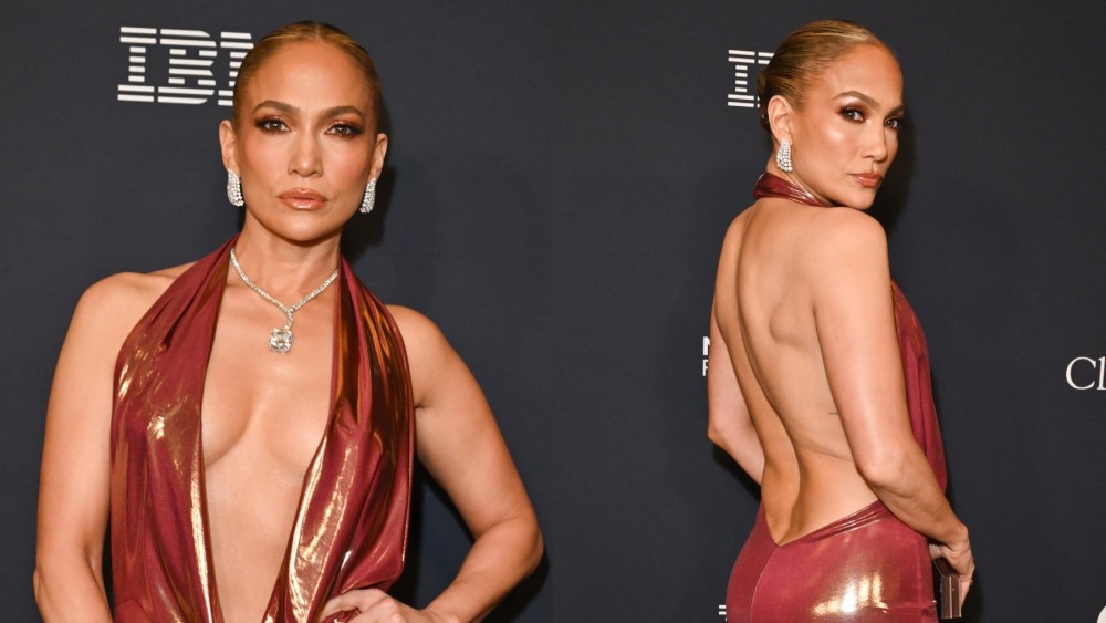 Jennifer Lopez attends the 2025 Pre-Grammy Gala on Feb. 1 in Los Angeles, LaPointe, backless, metallic dress, plunging neckline
