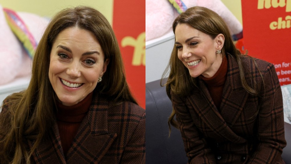 Catherine, Princess of Wales visits HMP Styal on Feb. 11 in Cheshire, England, tartan coat, Blaze Milano, burgundy