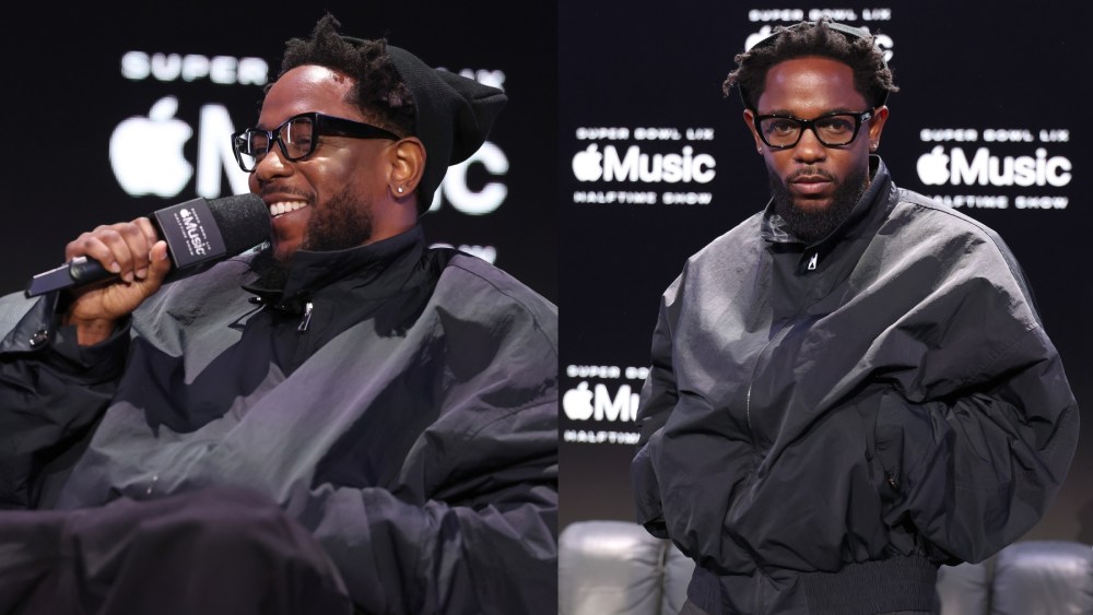 Kendrick Lamar at the Super Bowl LIX Apple Music Halftime Show press conference on Feb. 6 in New Orleans, athleisure, windbreaker, Asics