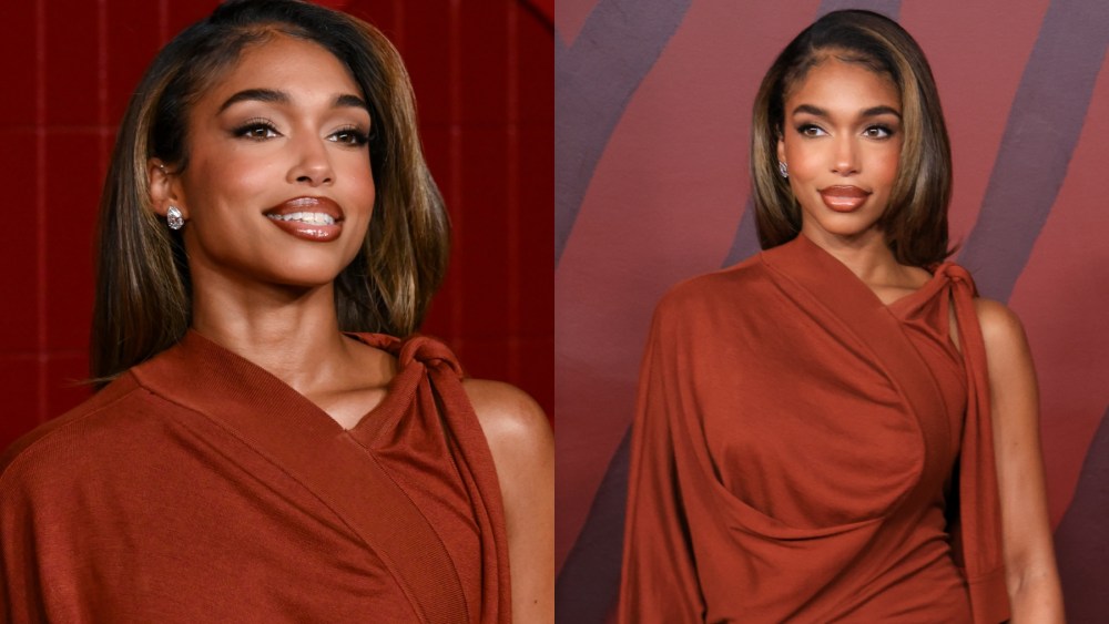 Lori Harvey at the Fifteen Percent Pledge Gala on Feb. 1 in Los Angeles, Ferragmo, orange wrap dress, red carpet