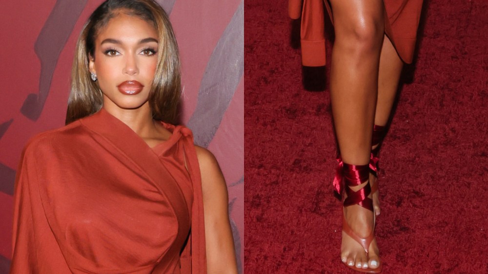 Lori Harvey, Fifteen Percent Pledge Gala, red carpet, red heels, thong sandals, thong heels, stiletto sandals, Ferragamo