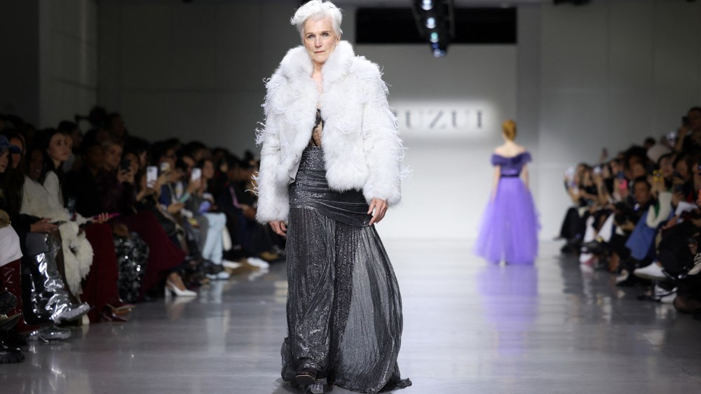 Maye Musk, Elon Musk's mother, presents a creation by Juzui from the Fall 2025 collection during New York Fashion Week, in New York, February 7, 2025.