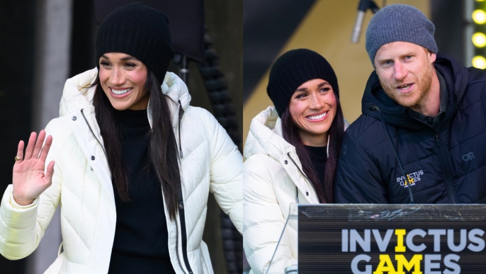 Meghan, Duchess of Sussex and Prince Harry, Duke of Sussex during day two of the 2025 Invictus Games on Feb. 10 in Whistler, Canada, Mackage coat, Sorel boots, black and white, royals, street style