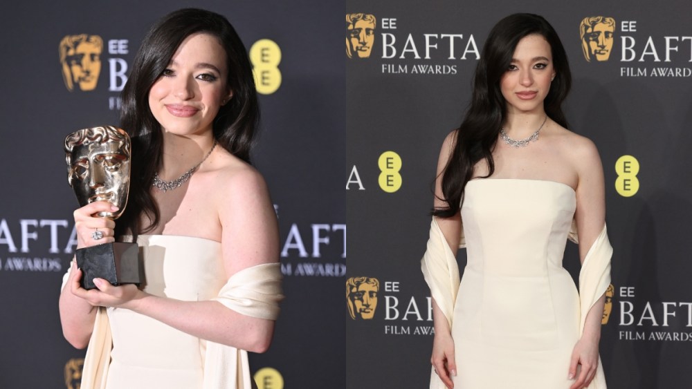 Mikey Madison attends the 2025 BAFTA Awards on Feb. 16 in London, Prada, strapless dress, red carpet