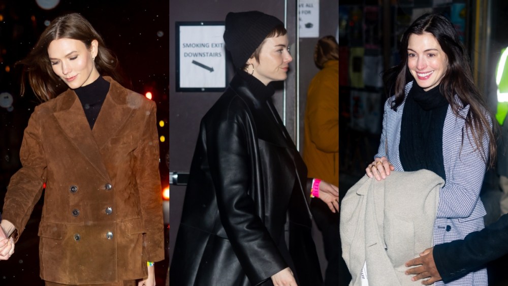 Karlie Kloss, Emma Stone and Anne Hathaway in New York on Feb. 12, street style, Paul McCartney concert, Madewell, Alexa Chung, black leather coat, houndstooth blazer, black turtleneck