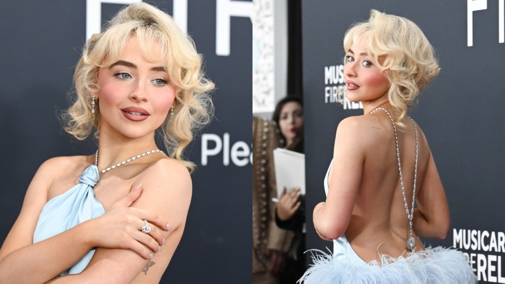 Sabrina Carpenter at the 2025 Grammy Awards on Feb. 2 in Los Angeles, backless dress, JW Anderson, blue satin, feathers