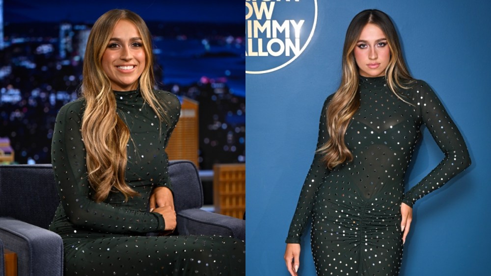 Tate McRae on "The Tonight Show" on Feb. 25, Alaïa dress, sheer trend