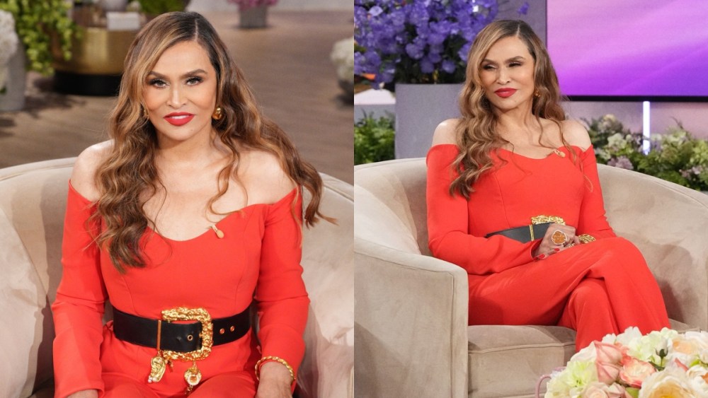 Tina Knowles on "The Jennifer Hudson Show" on Feb. 24, red pantsuit, Amsale, Schiaparelli, Cécred